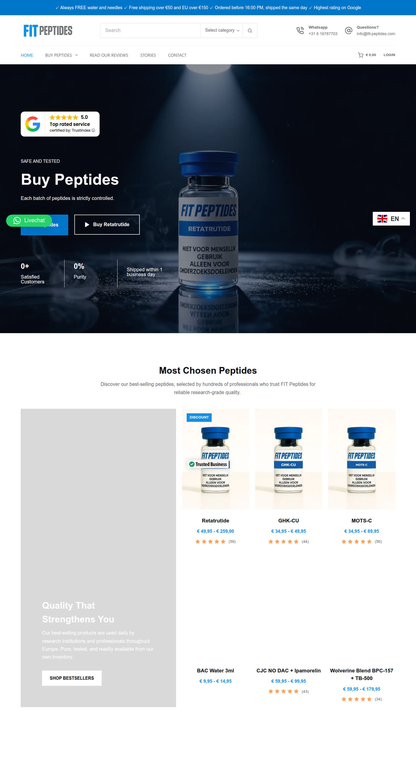 Homepage screenshot of the Fit Peptides research-peptide website (Netherlands), captured June 2026.
