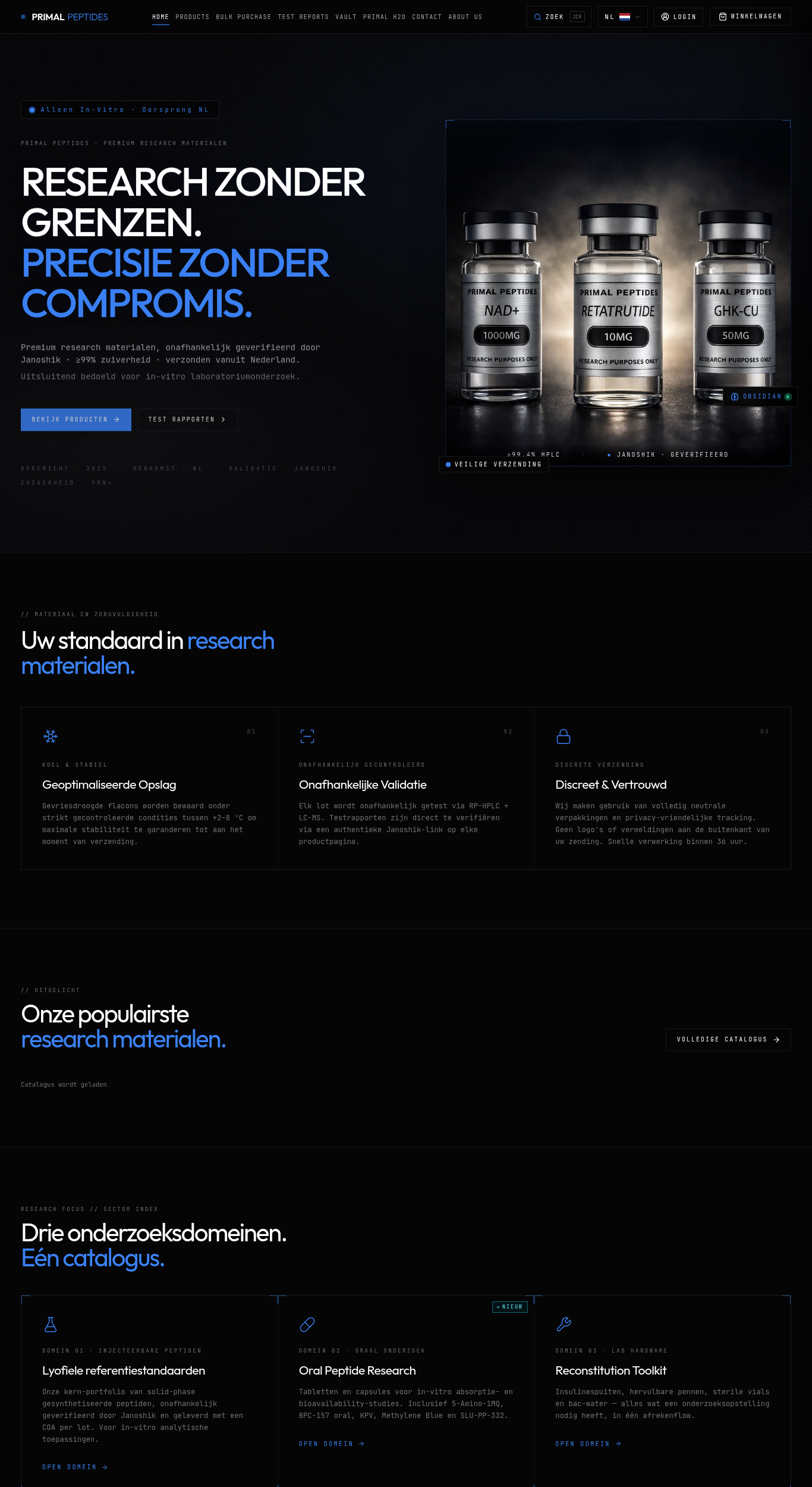 Homepage screenshot of the Primal Peptides research-peptide website (Netherlands (Hillegom)), captured June 2026.