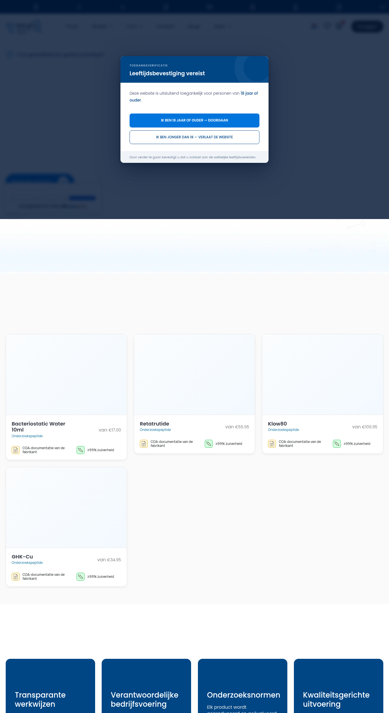 Homepage screenshot of the RetaEU research-peptide website (Netherlands), captured June 2026.