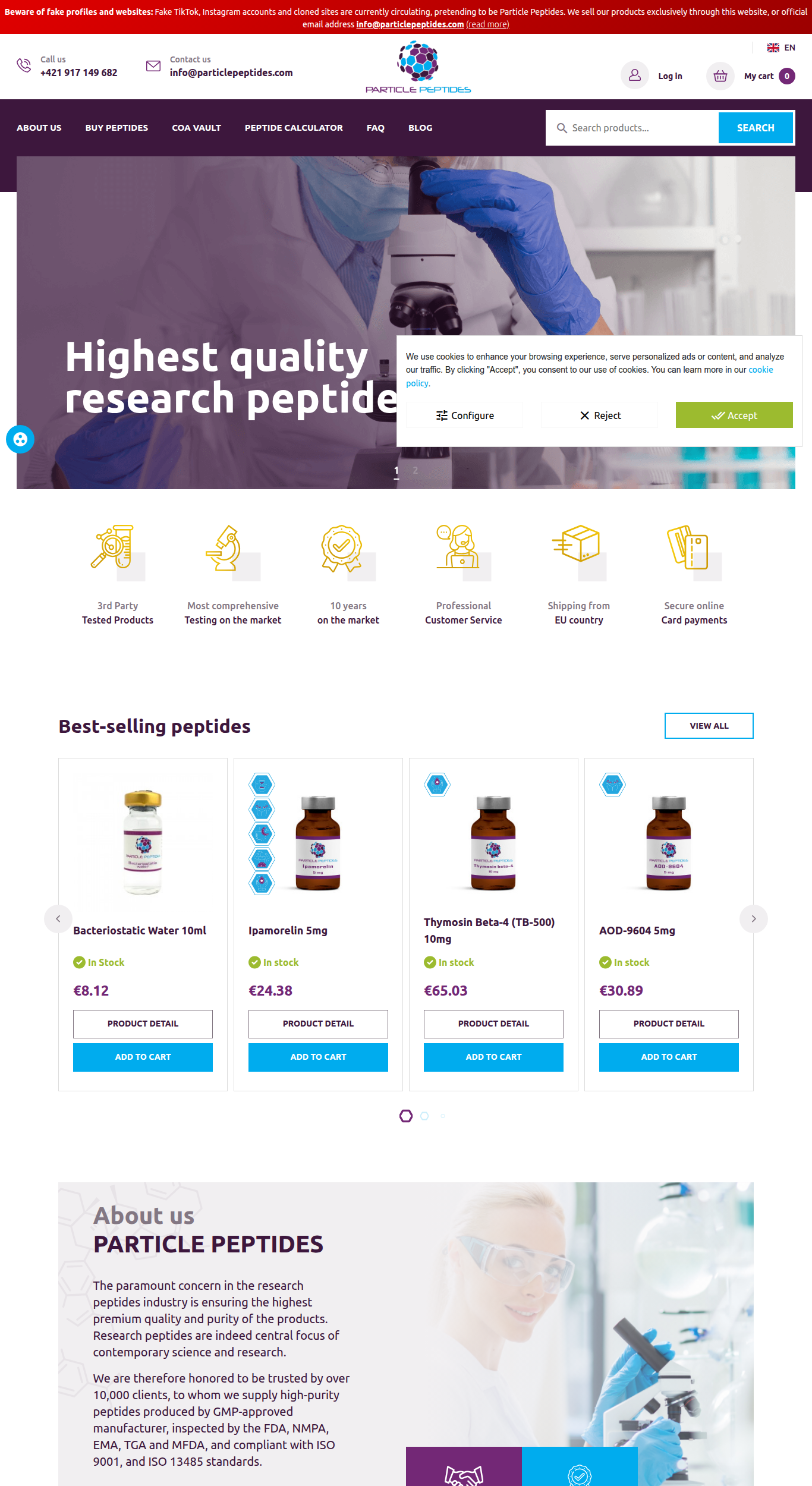 Homepage screenshot of the Particle Peptides research-peptide website (EU), captured June 2026.