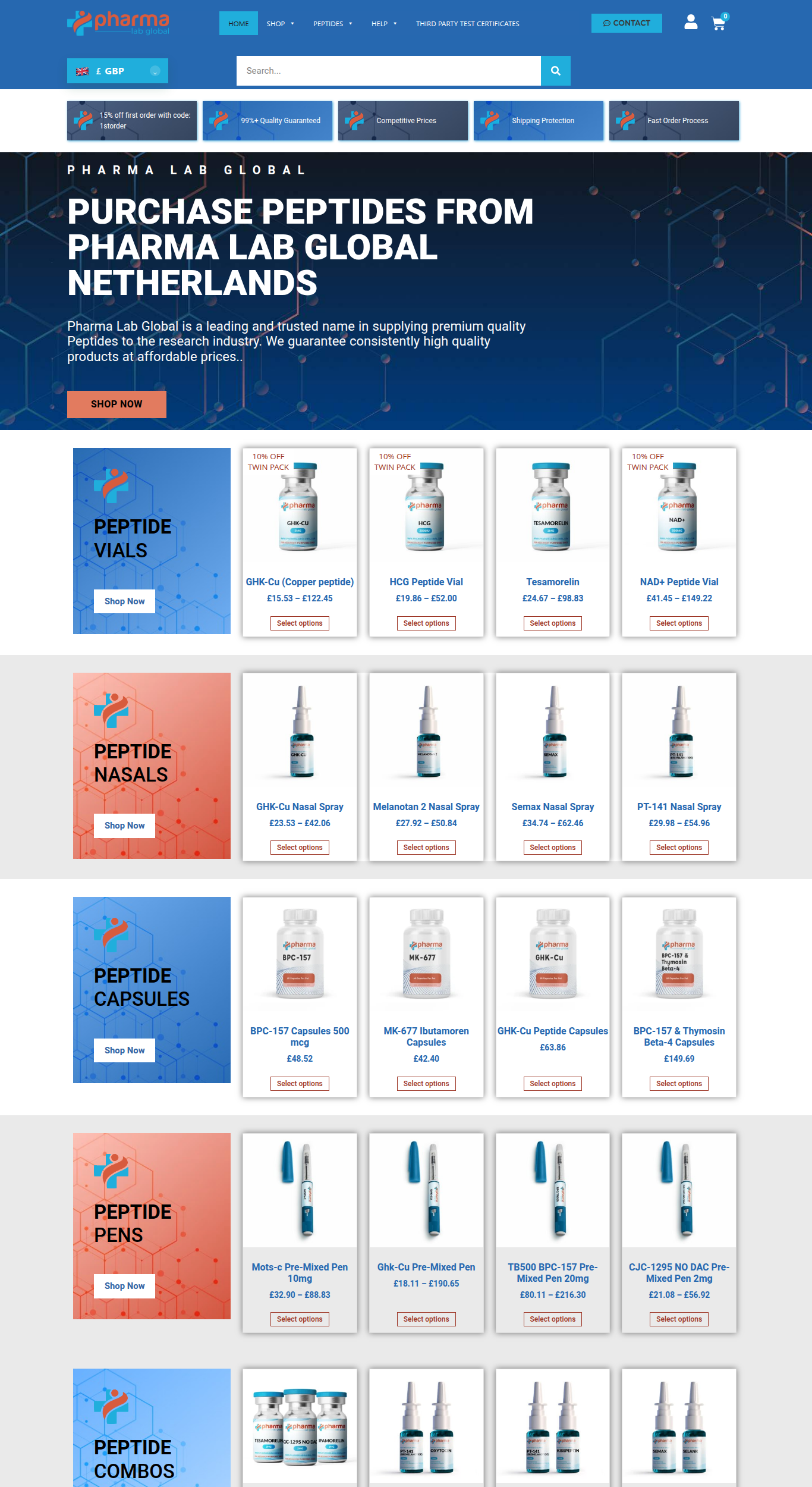 Homepage screenshot of the Pharma Lab Global Netherlands research-peptide website (UK (dedicated NL site)), captured June 2026.