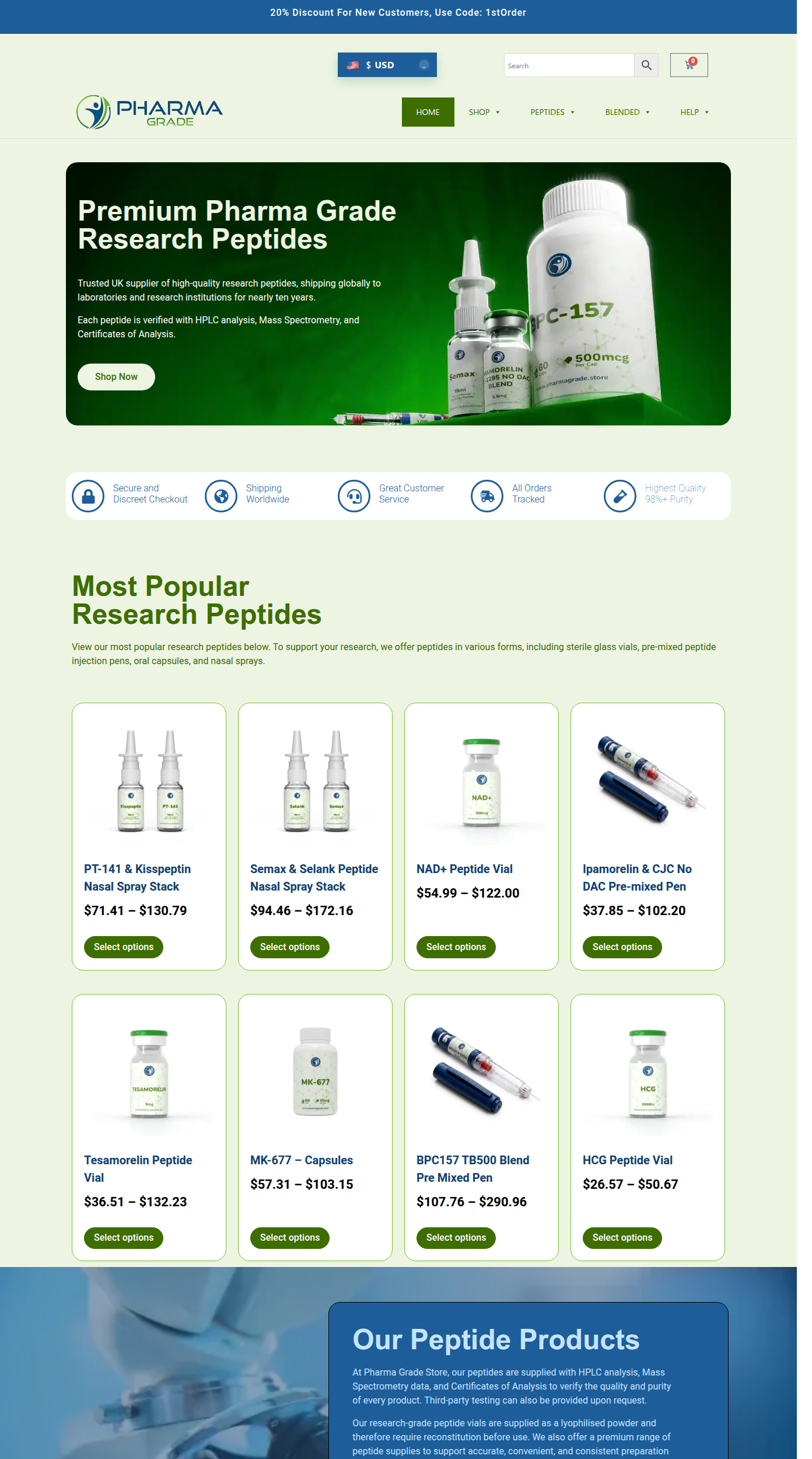 Homepage screenshot of the PharmaGrade Store Netherlands research-peptide website (International (NL site)), captured June 2026.