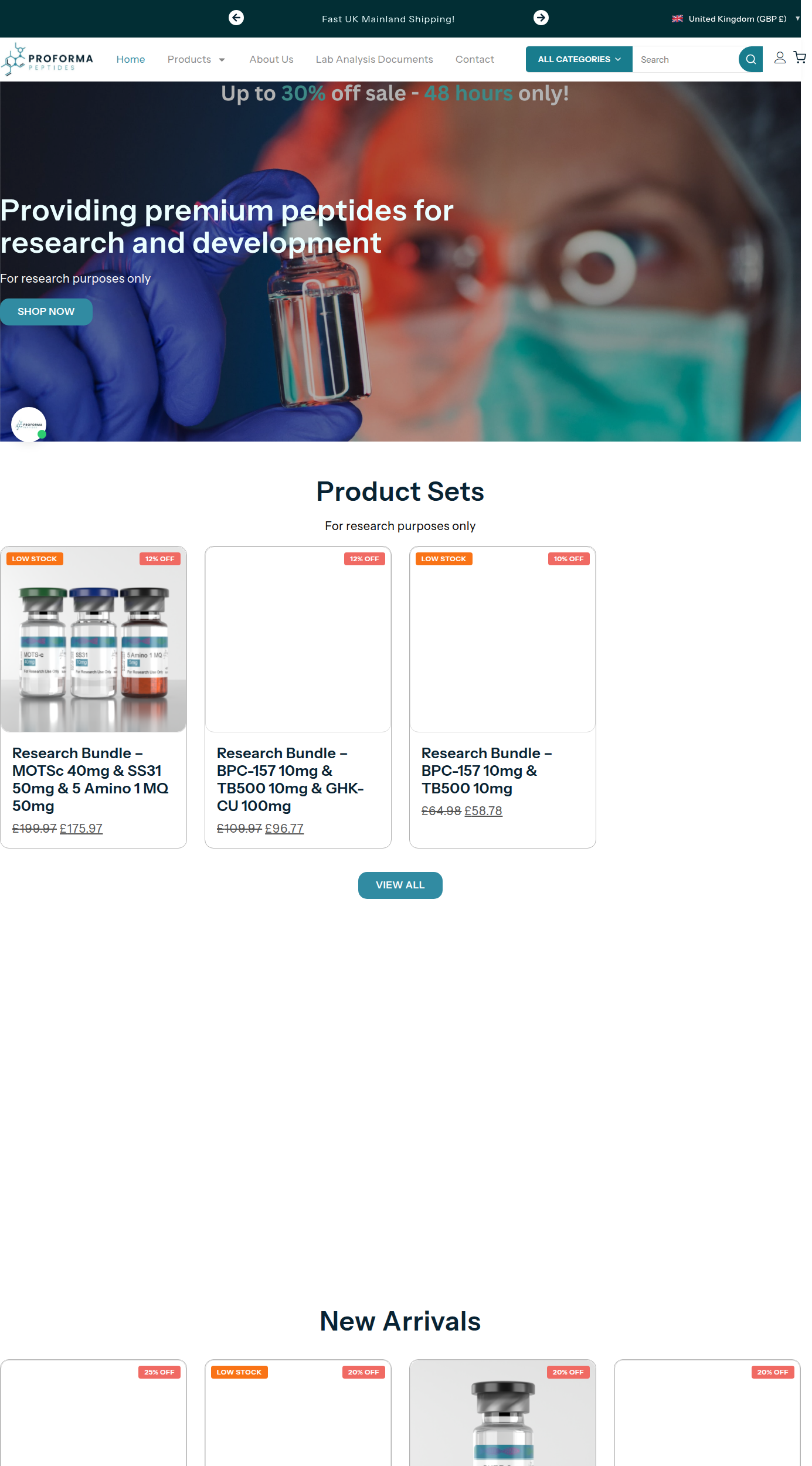 Homepage screenshot of the Proforma Peptides UK research-peptide website (UK (London)), captured June 2026.