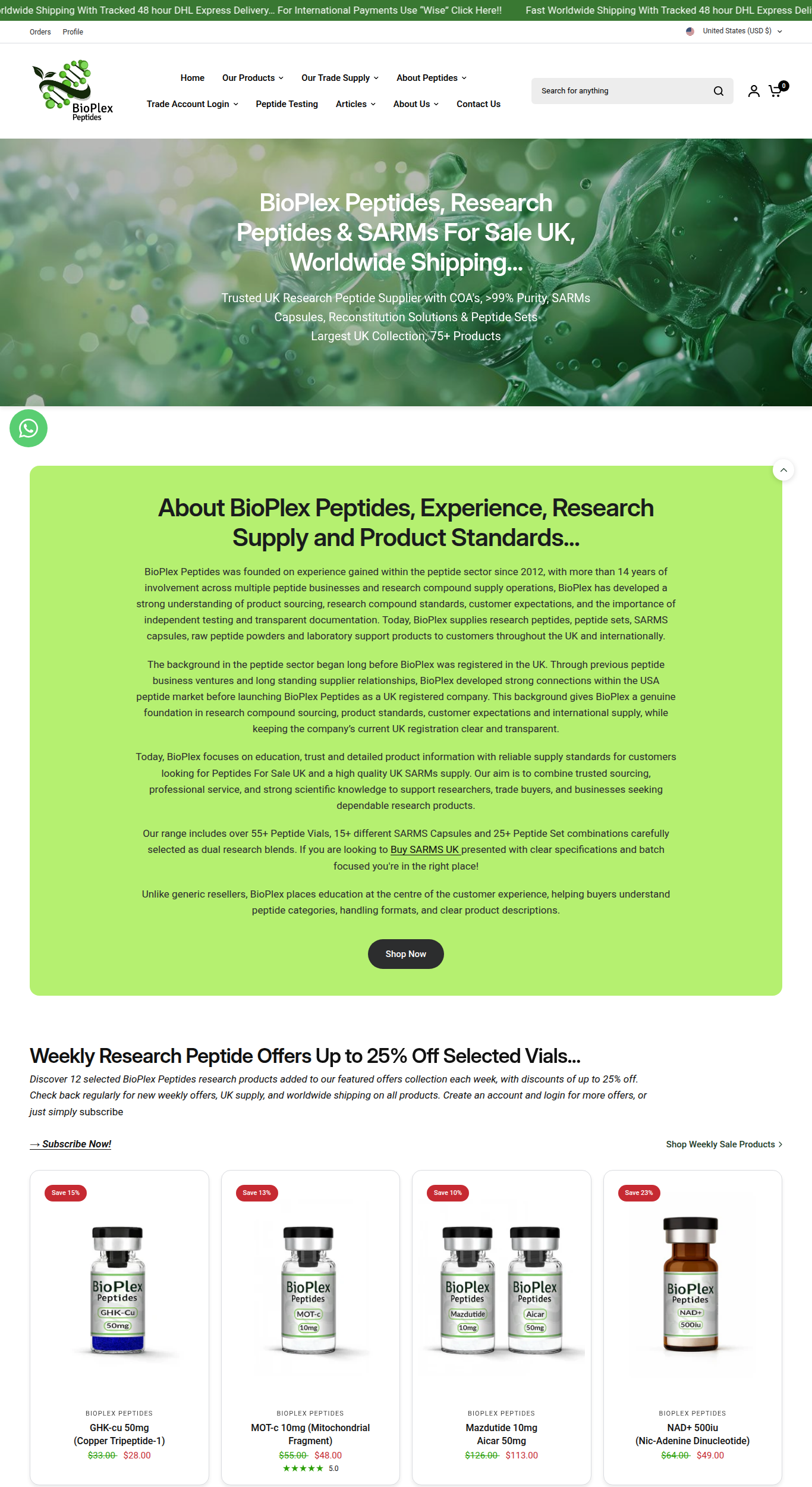 Homepage screenshot of the BioPlex Peptides UK research-peptide website (UK), captured June 2026.