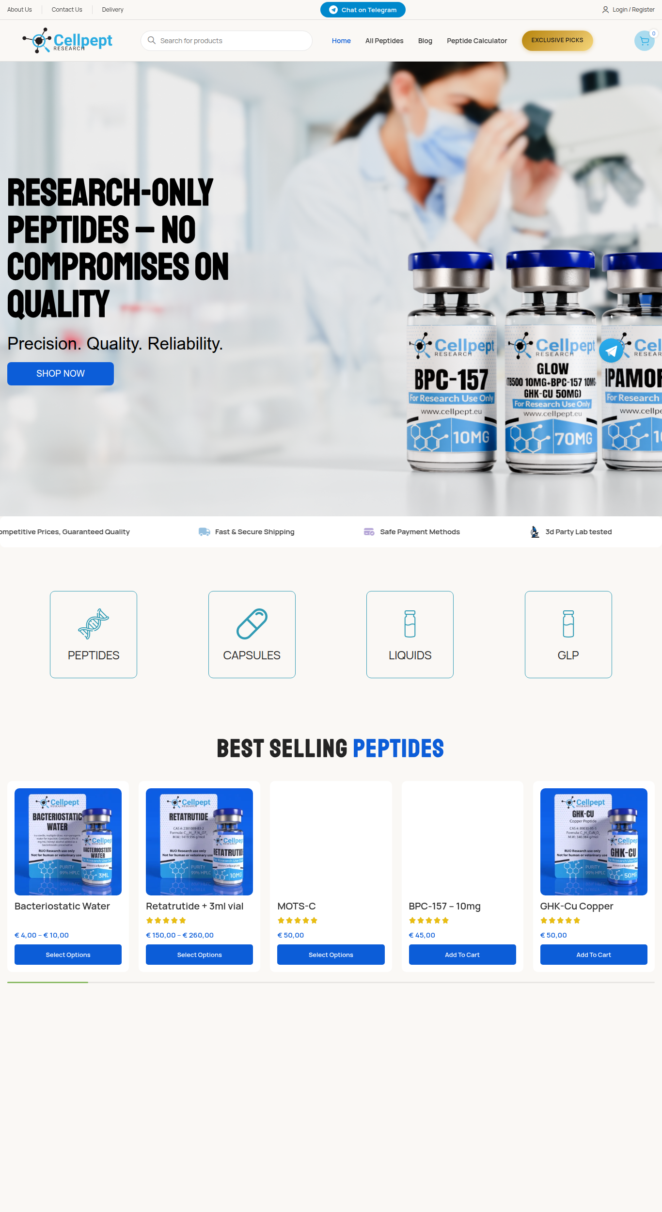 Homepage screenshot of the Cellpept Research research-peptide website (EU), captured June 2026.