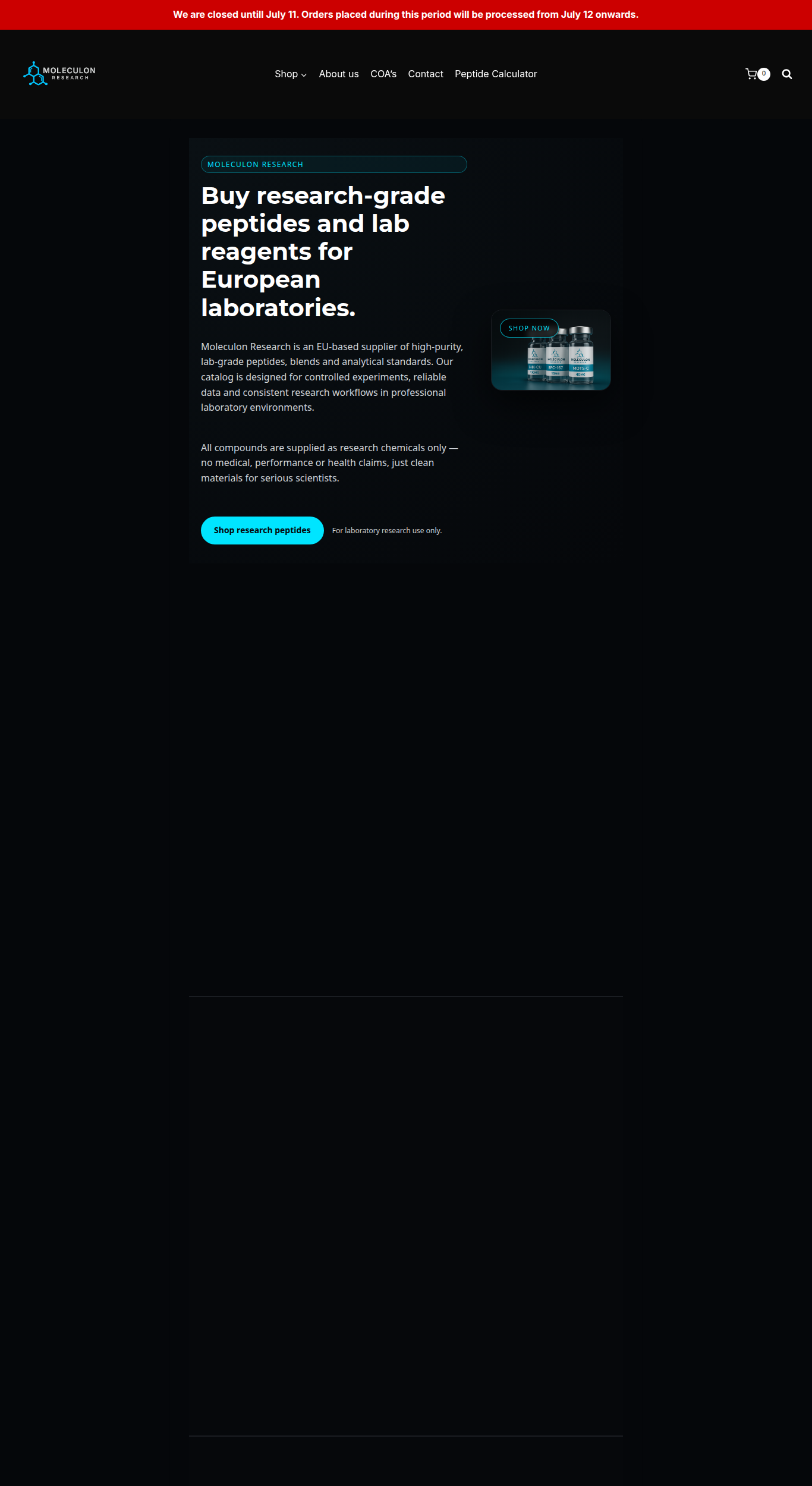 Homepage screenshot of the Moleculon Europe research-peptide website (EU), captured June 2026.