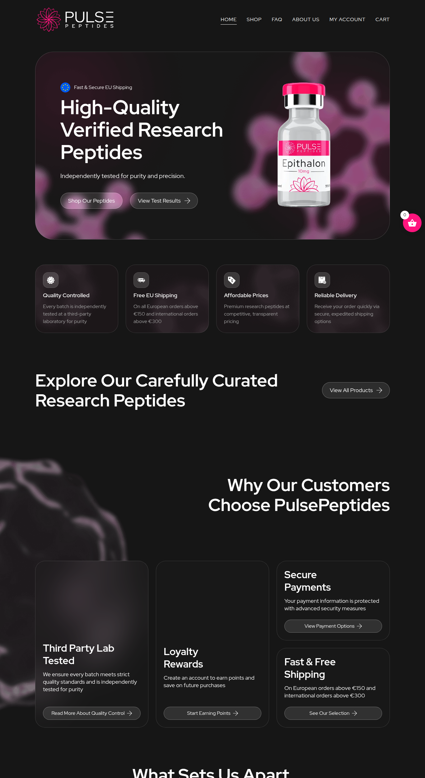 Homepage screenshot of the PulsePeptides research-peptide website (Cyprus (EU)), captured June 2026.