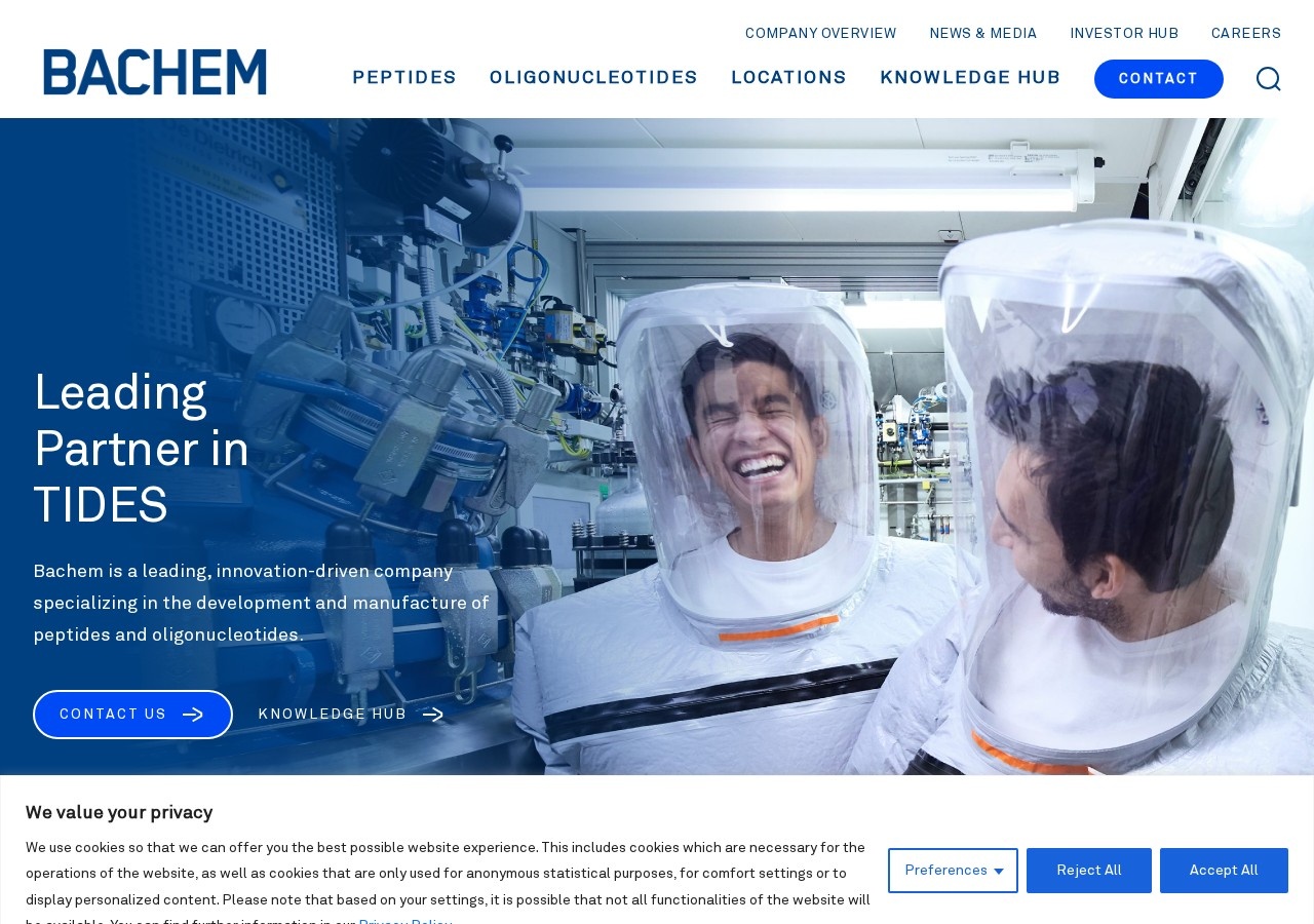 Homepage screenshot of the Bachem research-peptide website.