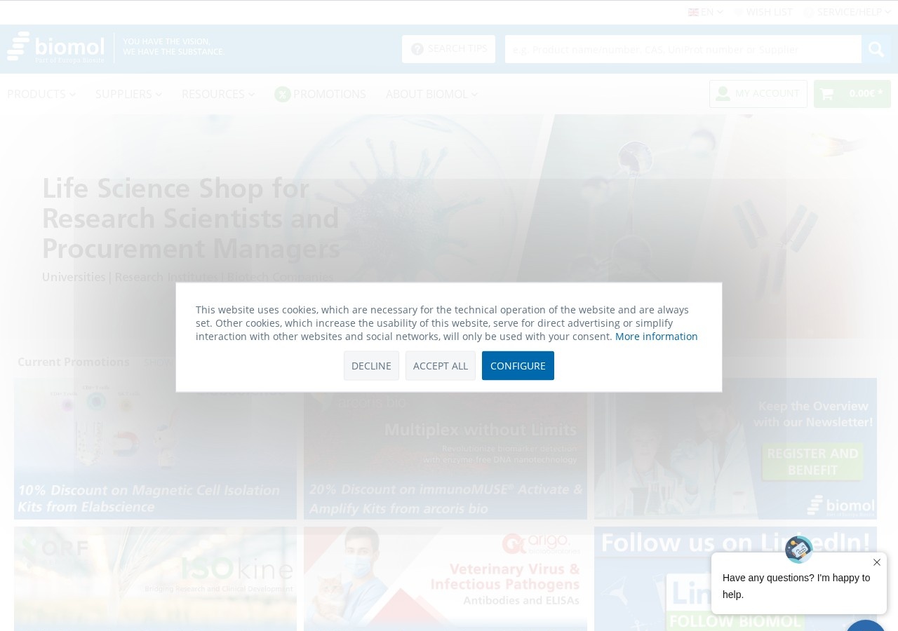 Homepage screenshot of the BIOMOL research-peptide website.