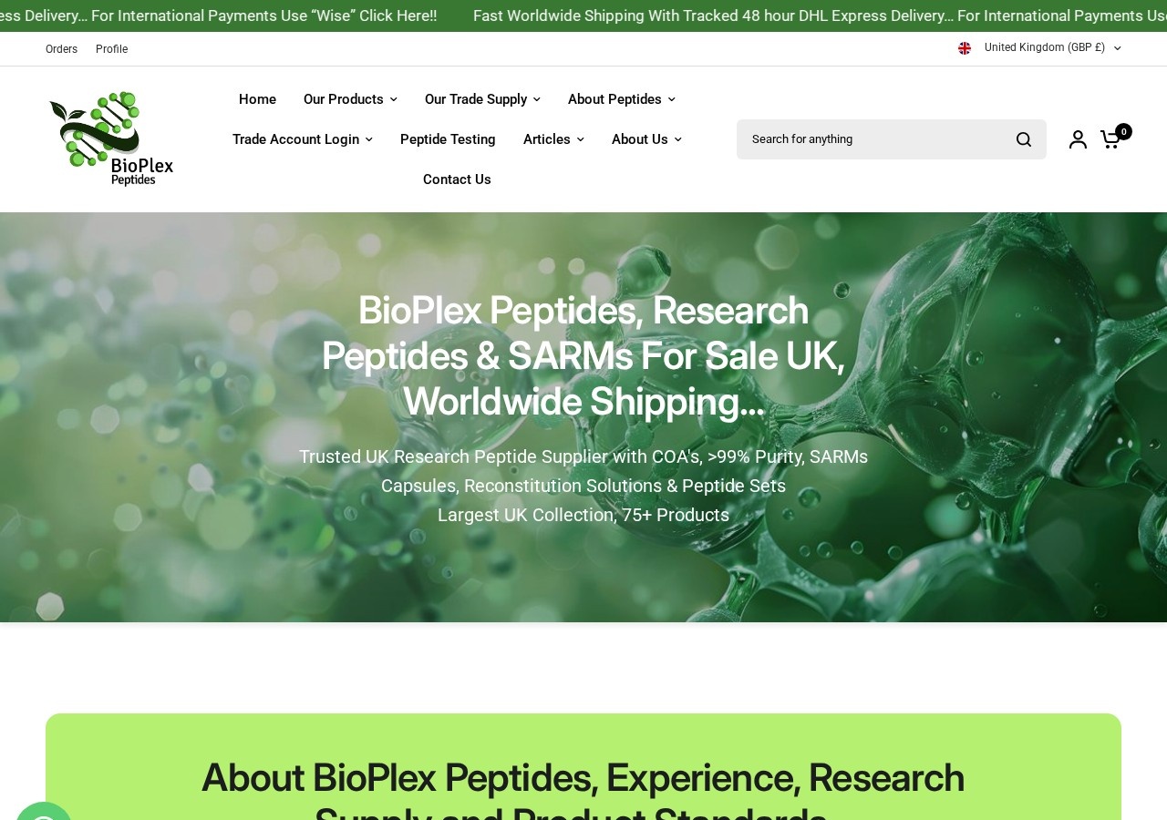 Homepage screenshot of the BioPlex Peptides research-peptide website.