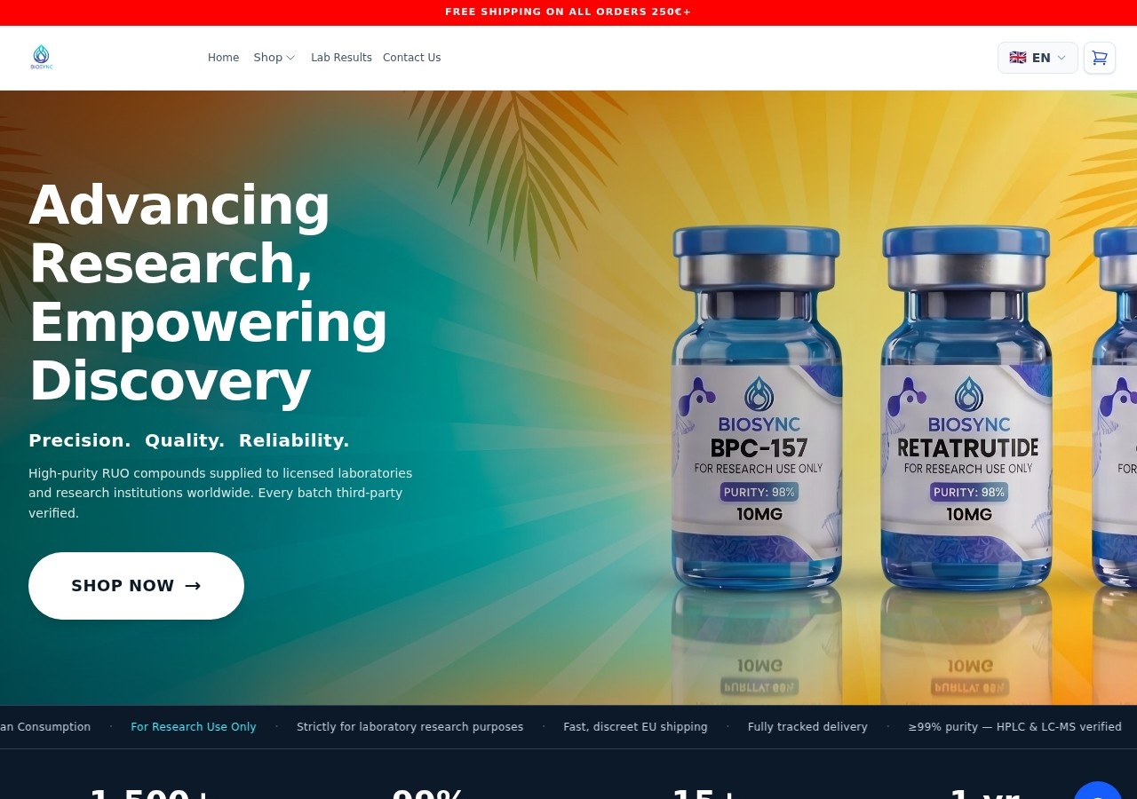 Homepage screenshot of the BioSyncLabs research-peptide website.