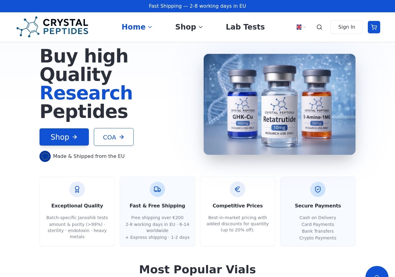 Homepage screenshot of the Crystal Peptides research-peptide website.
