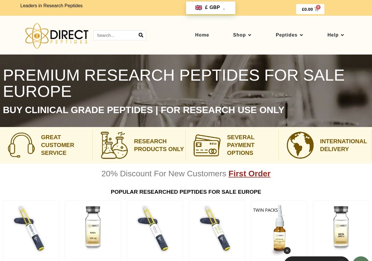 Homepage screenshot of the Direct Peptides EU research-peptide website.