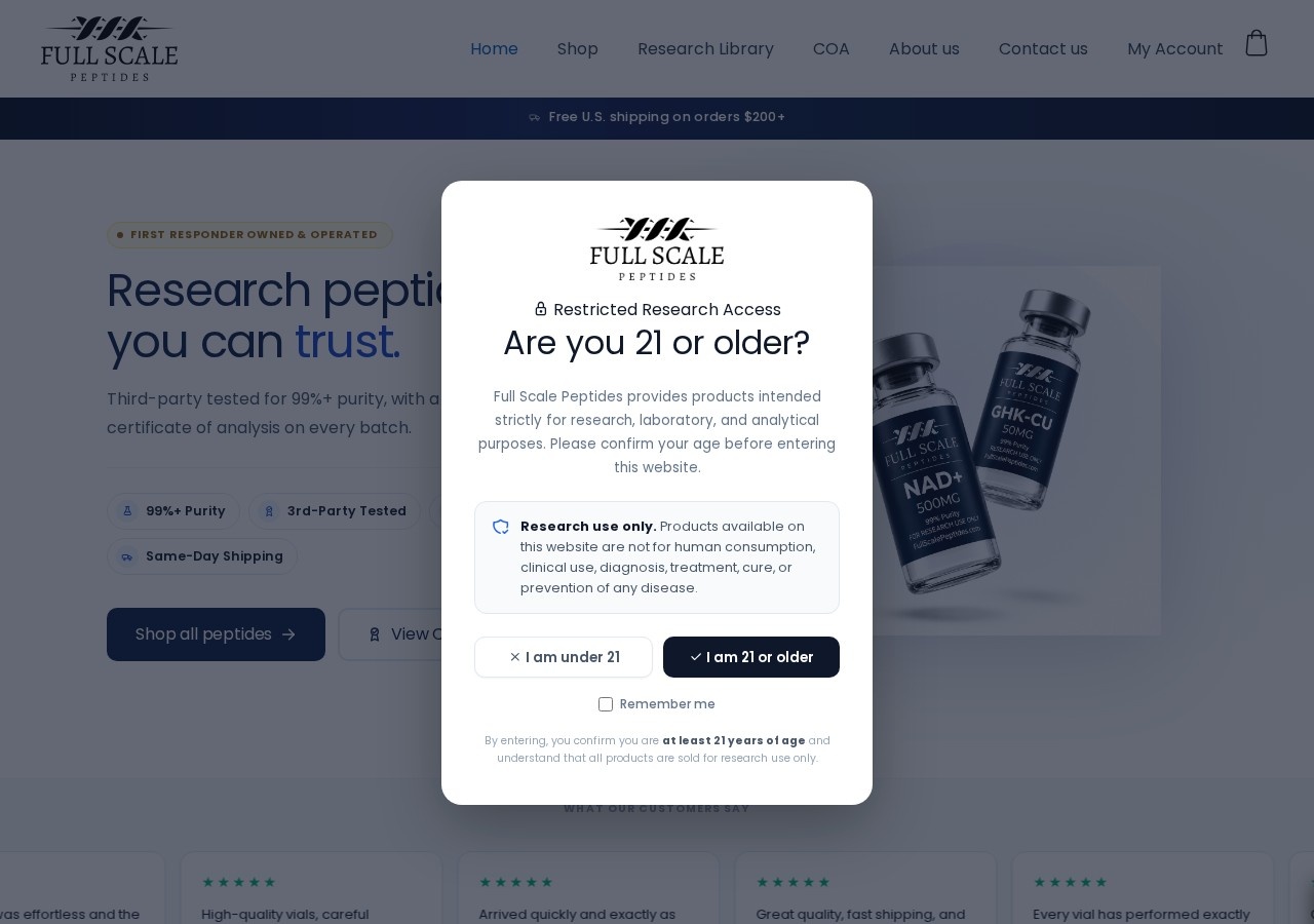 Homepage screenshot of the Full Scale Peptides research-peptide website.
