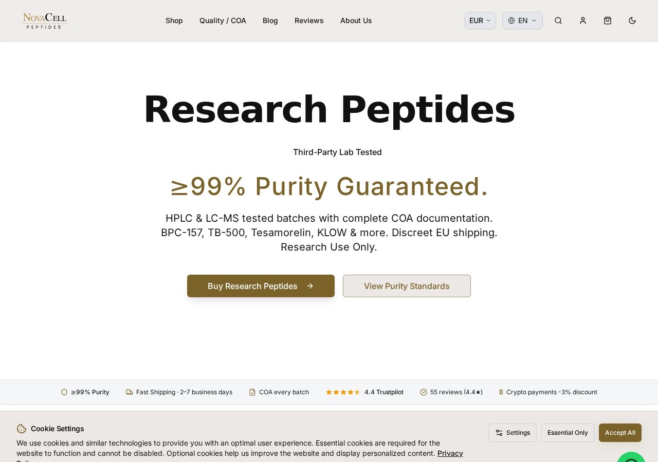 Homepage screenshot of the NovaCell Peptides research-peptide website.