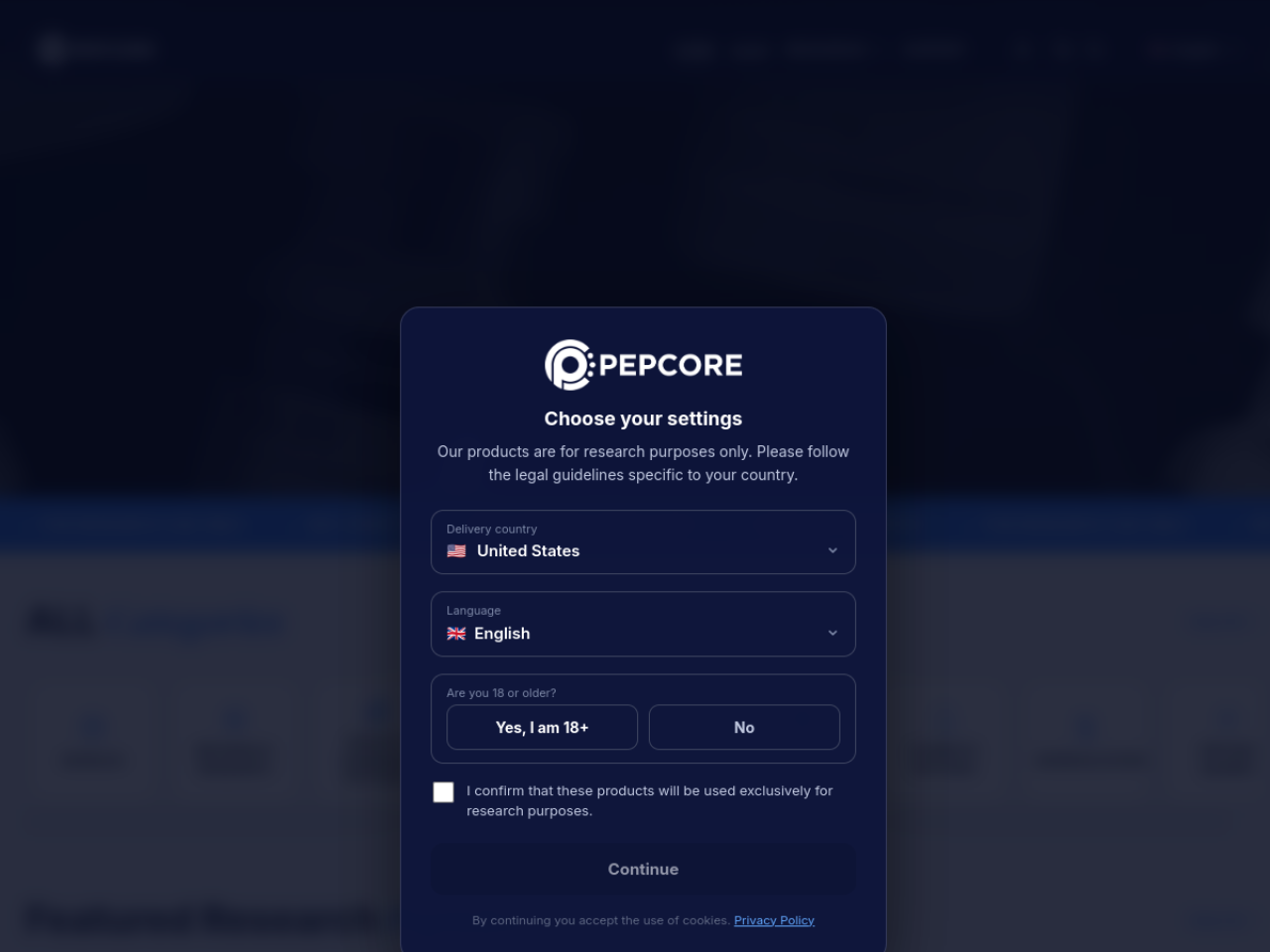 Homepage screenshot of the Pepcore research-peptide website.