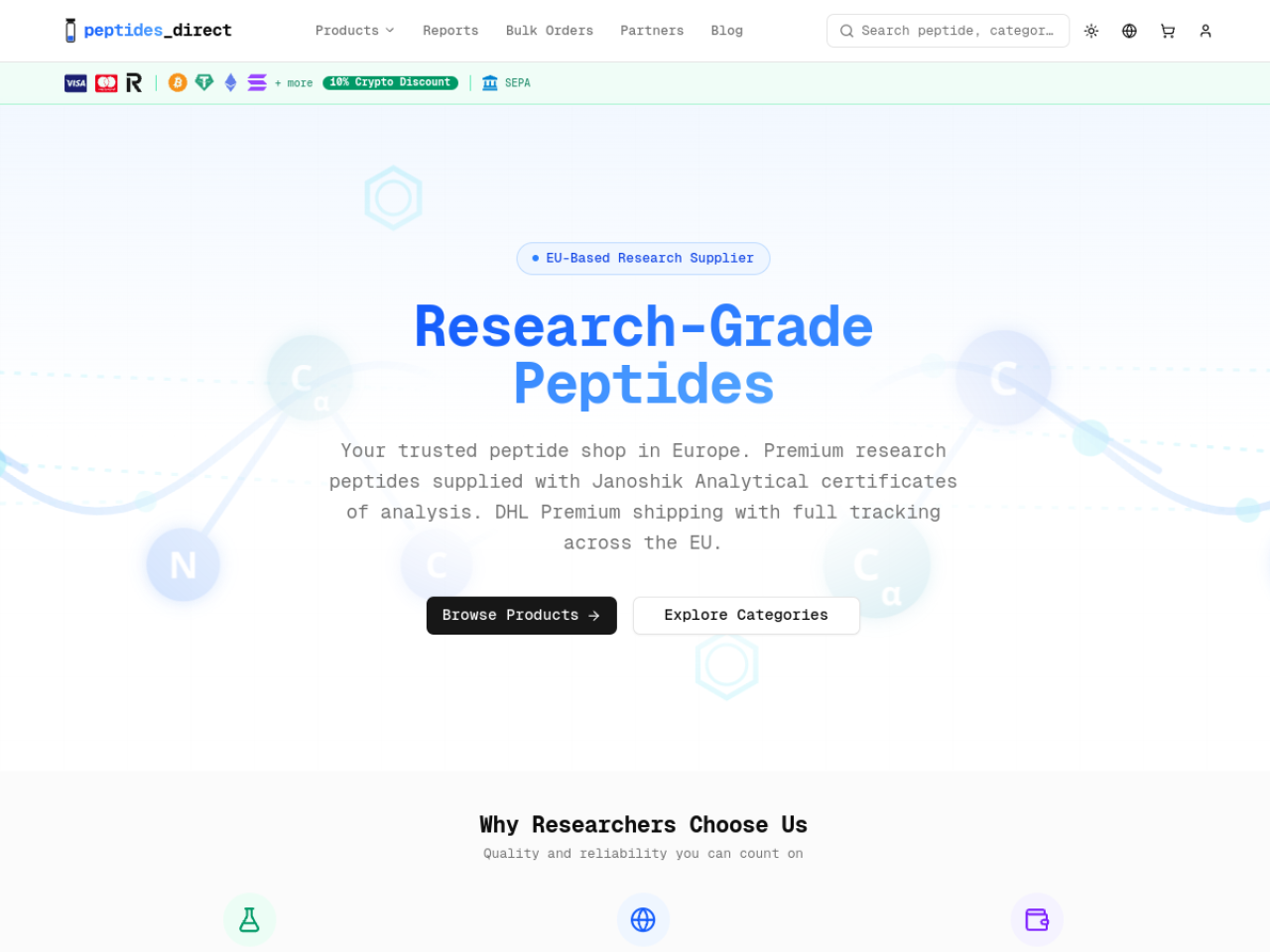 Homepage screenshot of the Peptide Direct research-peptide website.