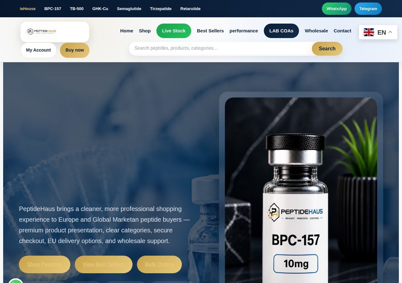 Homepage screenshot of the PeptideHaus research-peptide website.