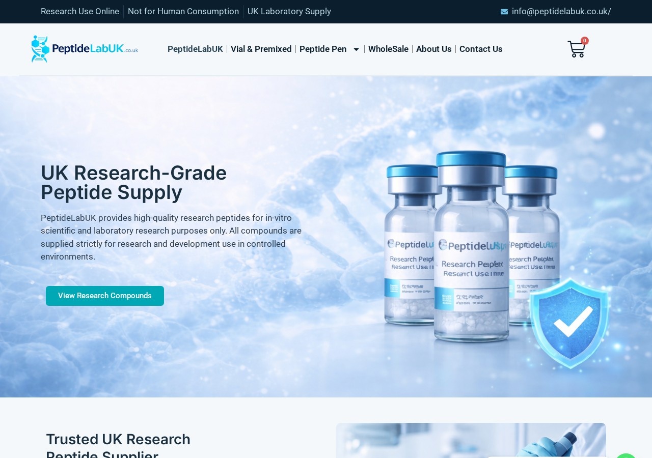 Homepage screenshot of the PeptideLabUK research-peptide website.