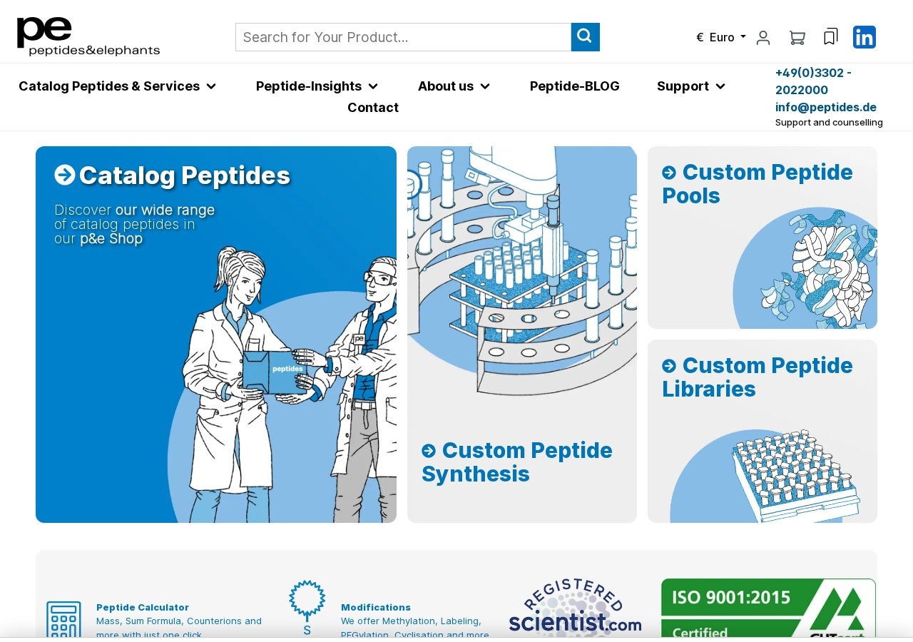 Homepage screenshot of the peptides&elephants research-peptide website.