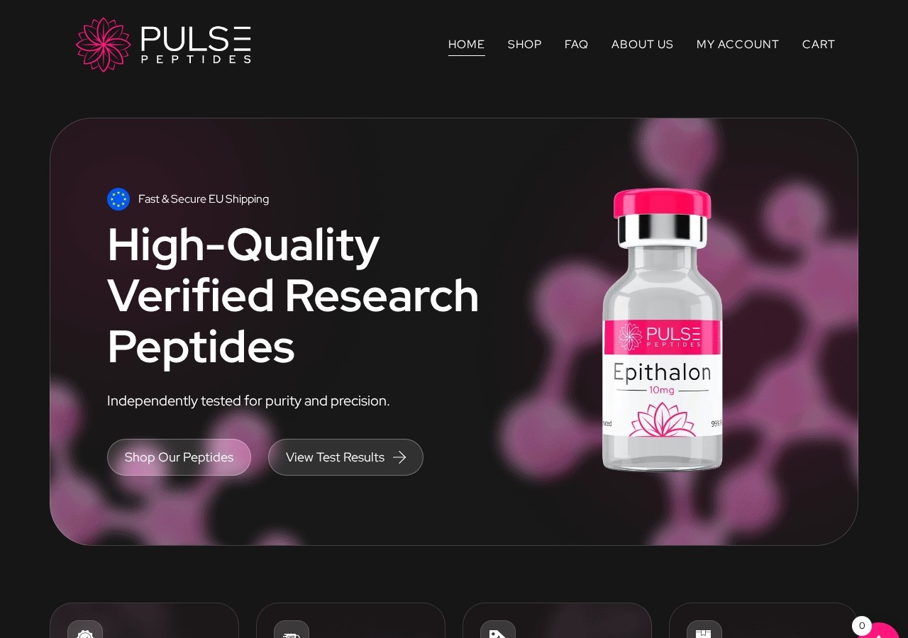 Homepage screenshot of the PulsePeptides research-peptide website.