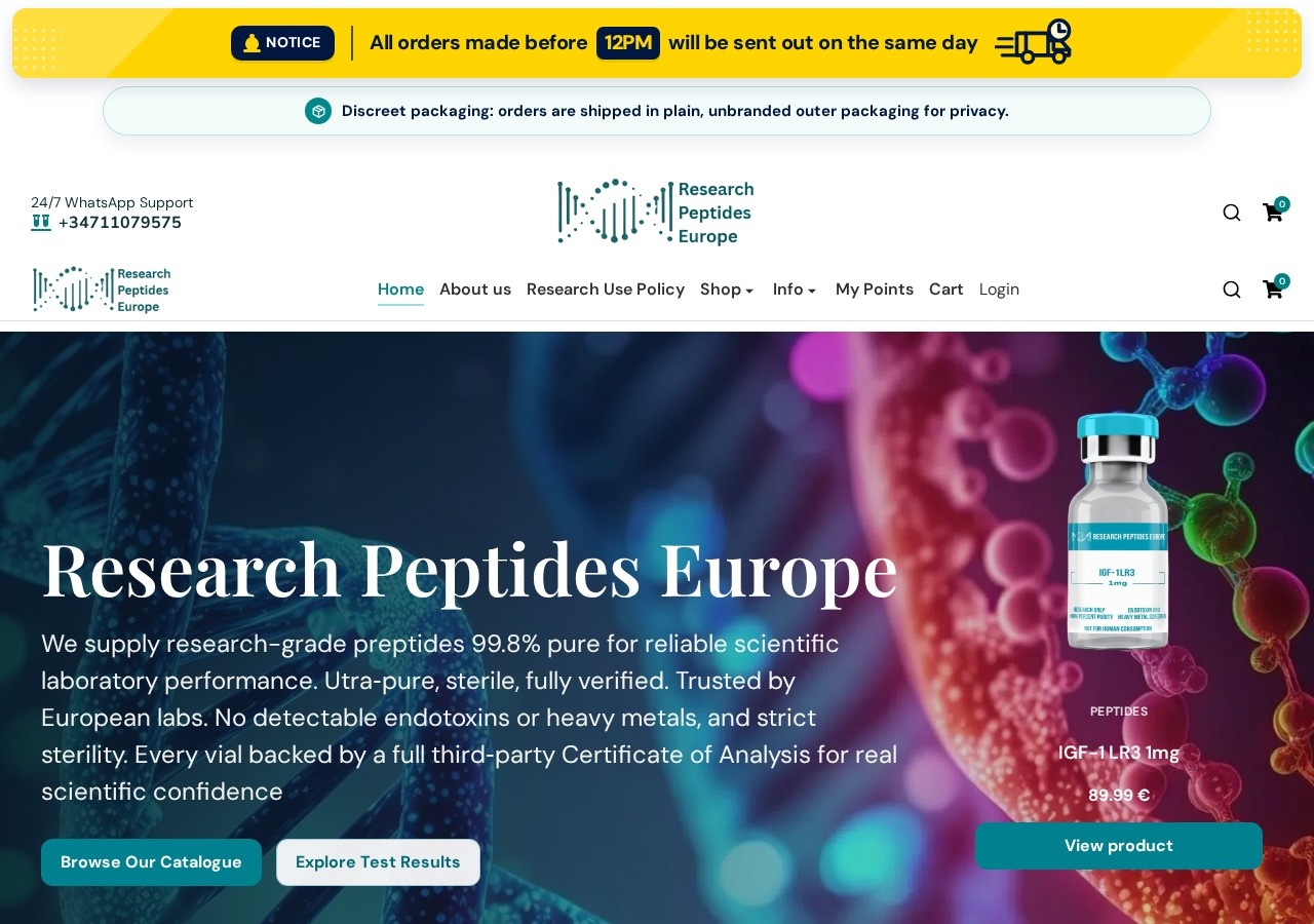 Homepage screenshot of the Research Peptides Europe research-peptide website.
