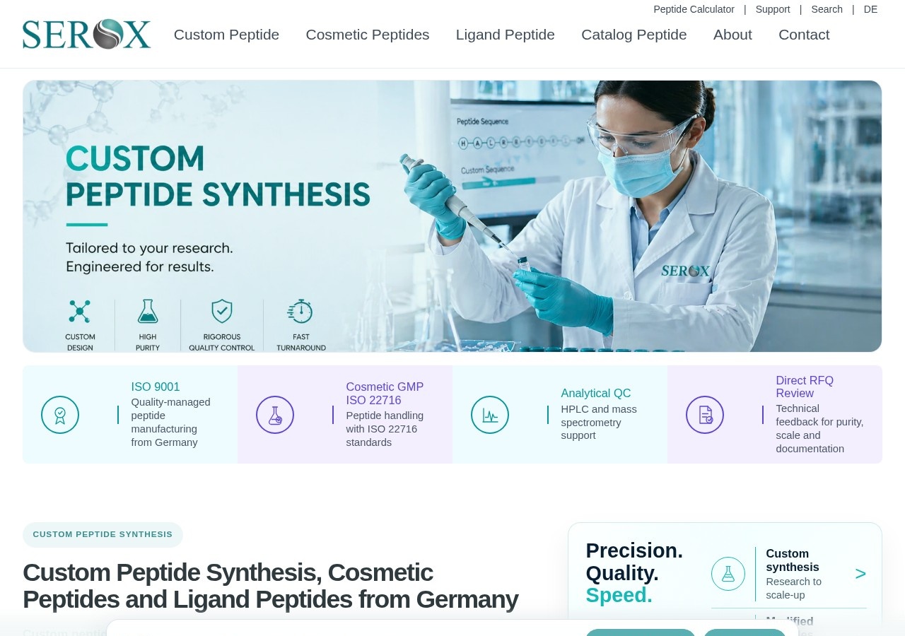 Homepage screenshot of the Serox GmbH research-peptide website.