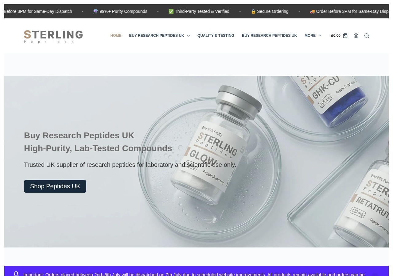 Homepage screenshot of the Sterling Peptides research-peptide website.