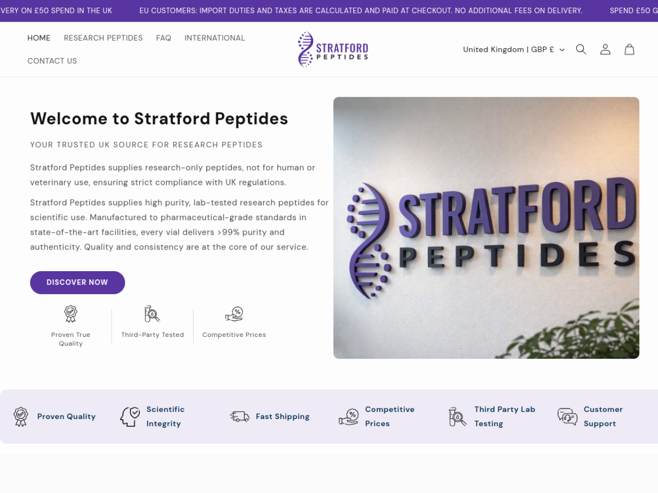 Homepage screenshot of the Stratford Peptides research-peptide website.