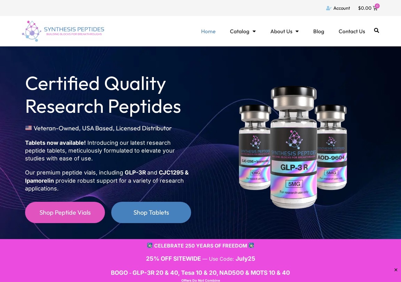 Homepage screenshot of the Synthesis Peptides research-peptide website.