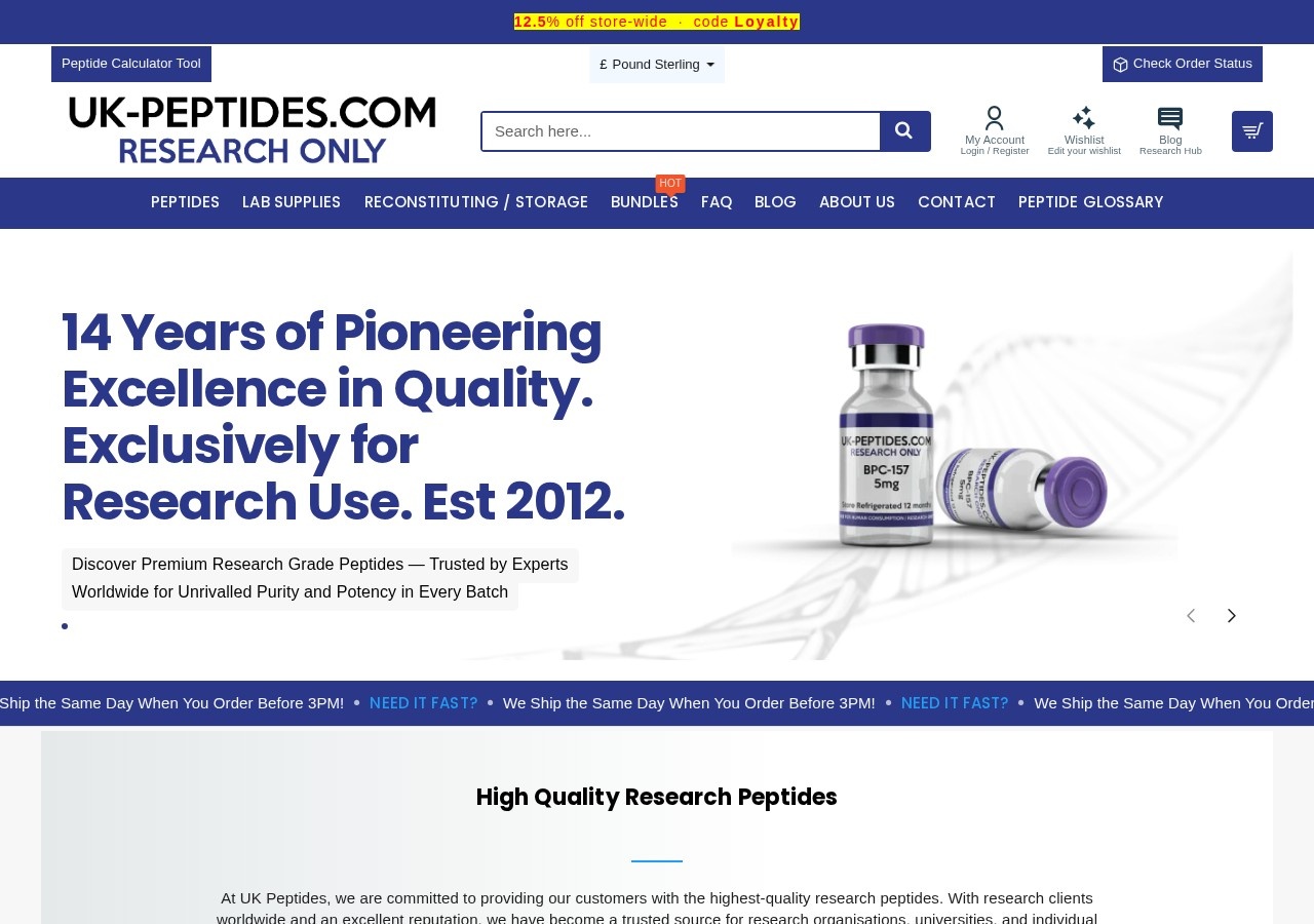 Homepage screenshot of the UK Peptides research-peptide website.