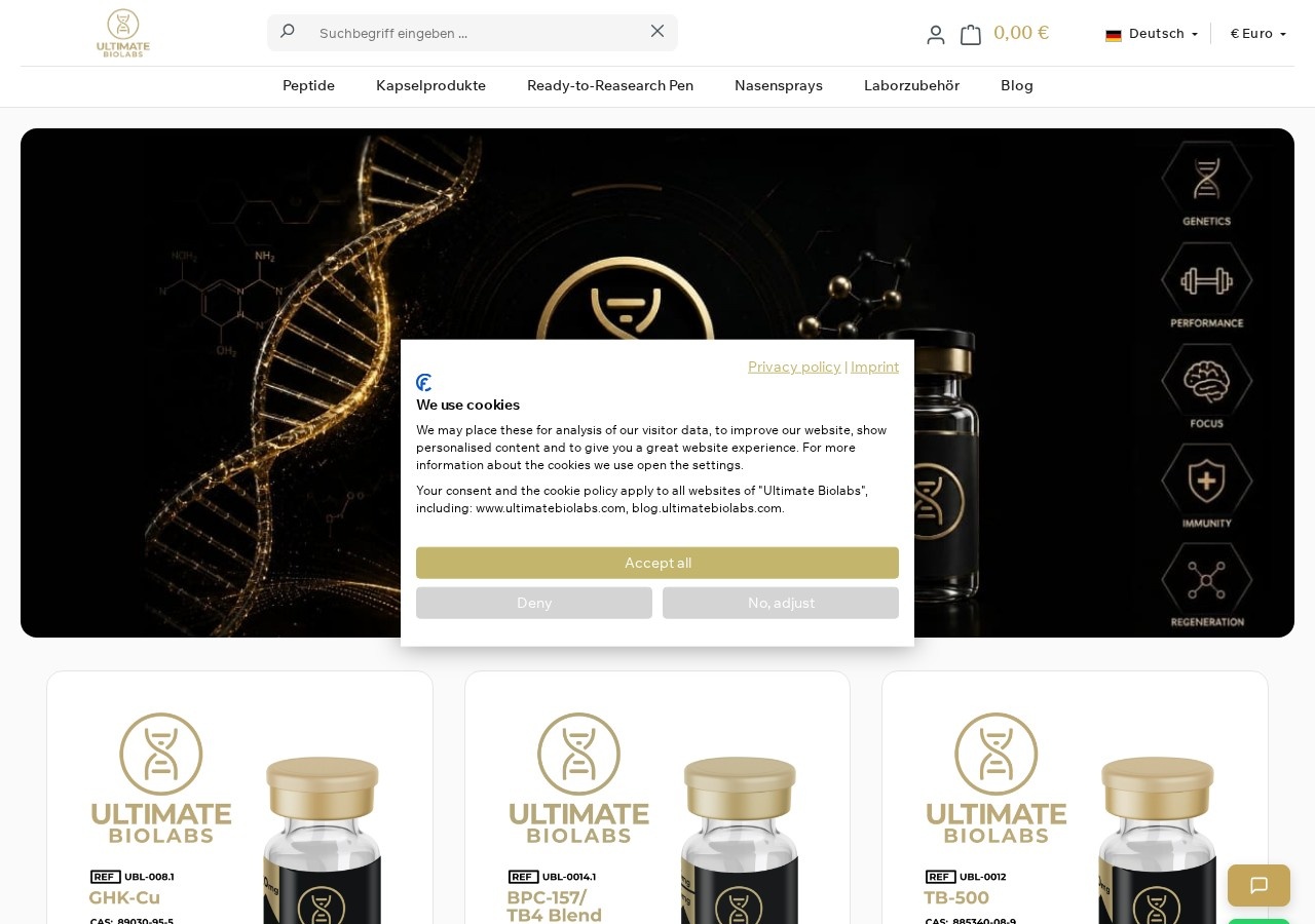 Homepage screenshot of the Ultimate Biolabs research-peptide website.