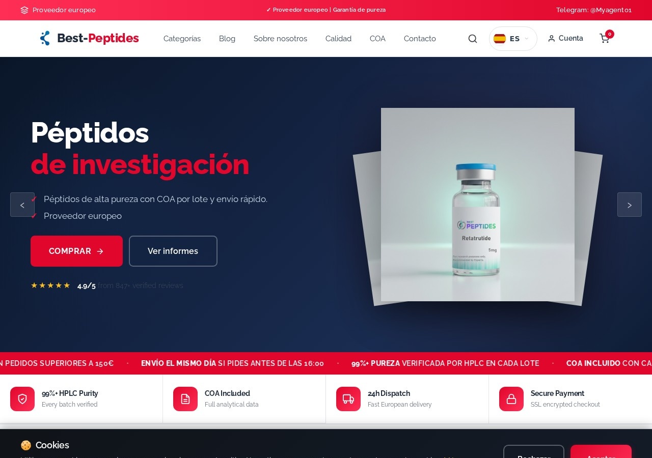 Homepage screenshot of the Best-Peptides research-peptide website.