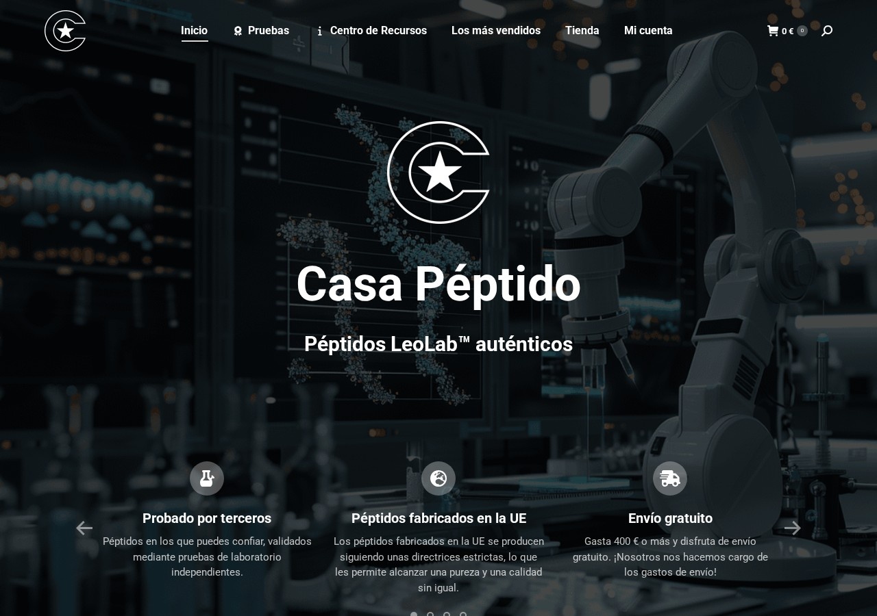 Homepage screenshot of the Casa Peptido research-peptide website.