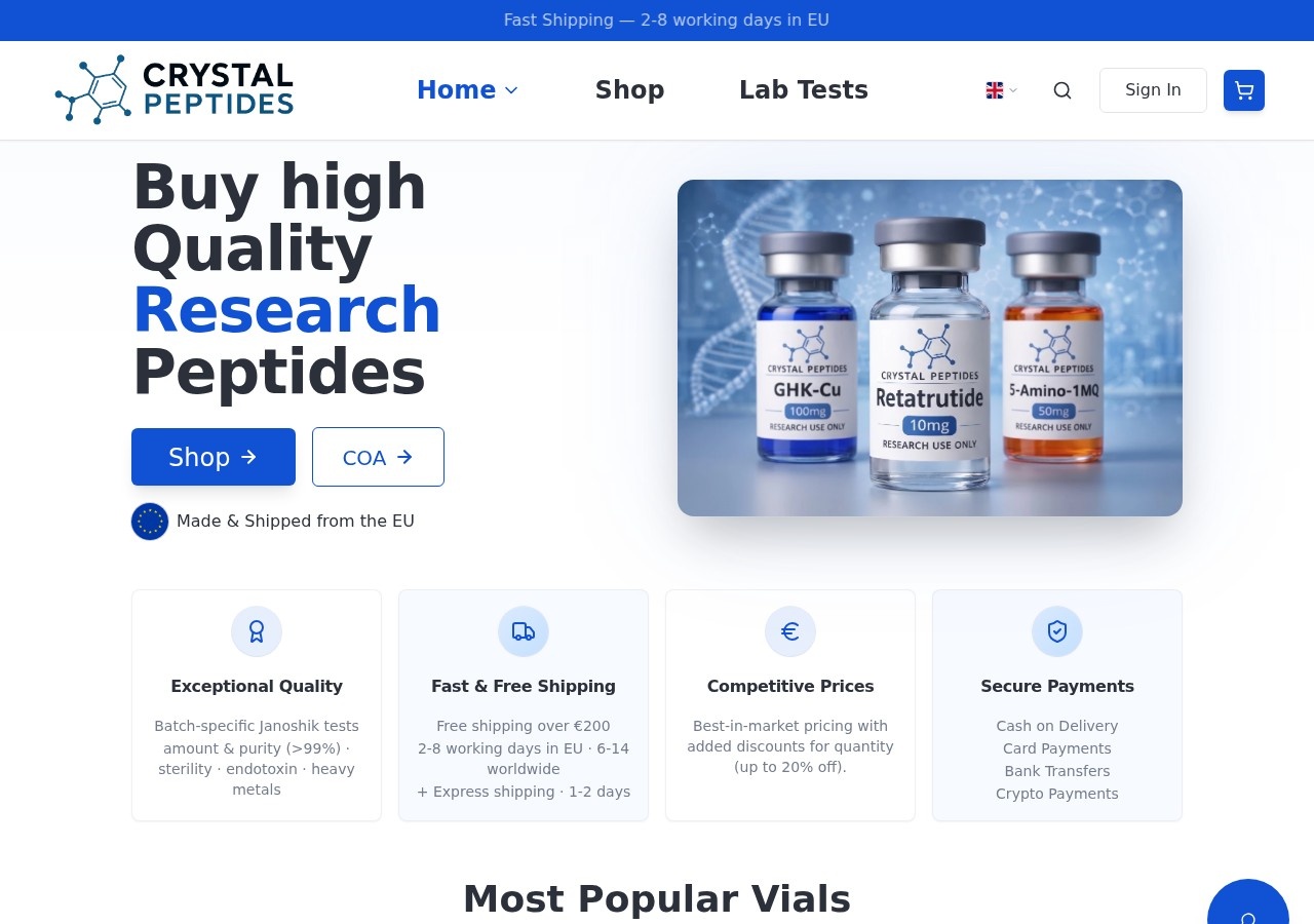 Homepage screenshot of the Crystal Peptides research-peptide website.