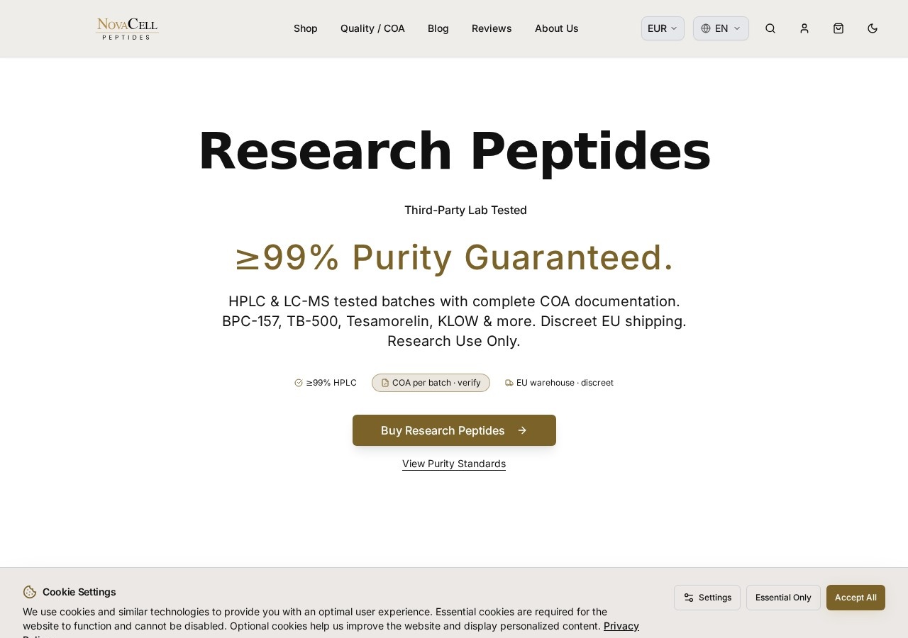 Homepage screenshot of the NovaCell Peptides research-peptide website.