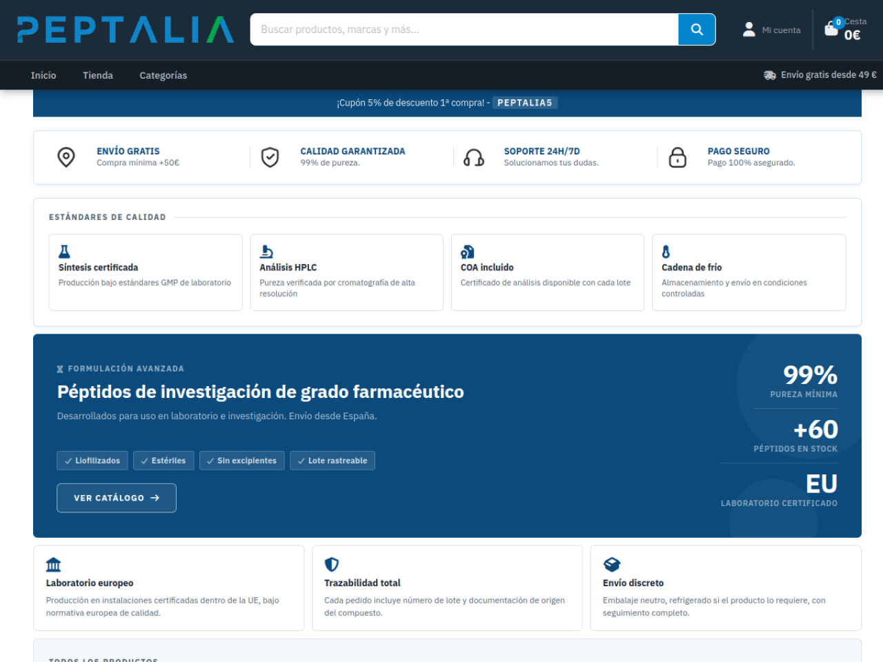 Homepage screenshot of the Peptalia research-peptide website.