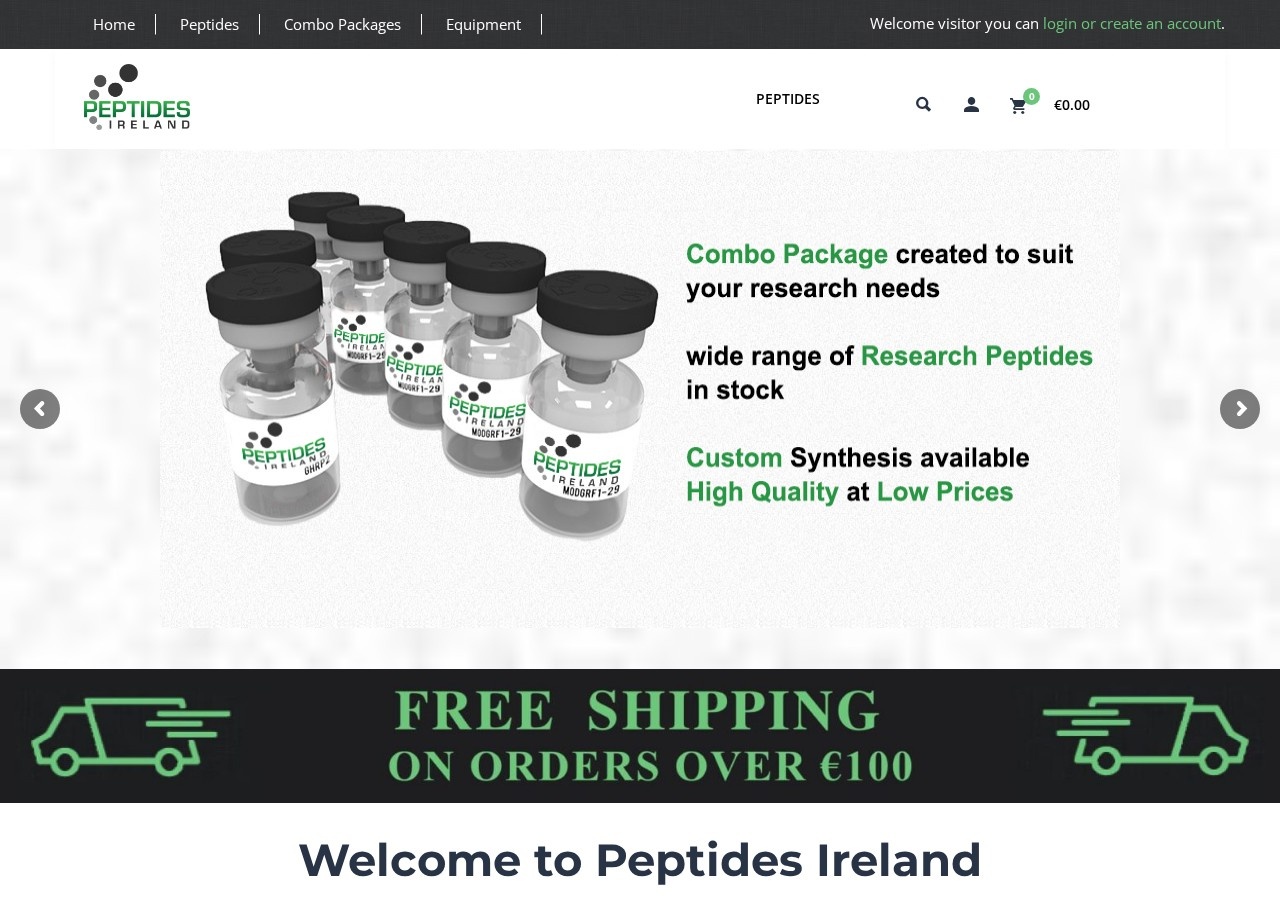 Homepage screenshot of the Peptides Ireland research-peptide website.