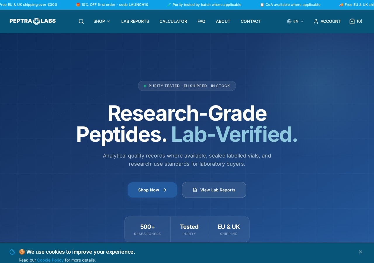 Homepage screenshot of the Peptra Labs research-peptide website.