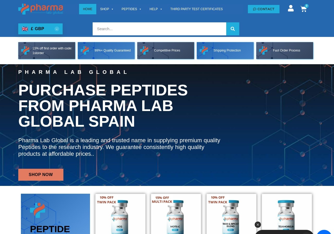 Homepage screenshot of the Pharma Lab Global research-peptide website.