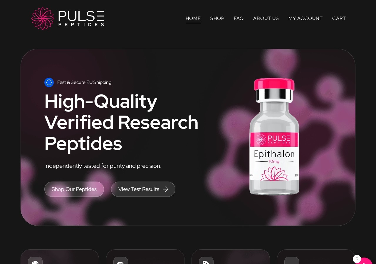 Homepage screenshot of the Pulse Peptides research-peptide website.