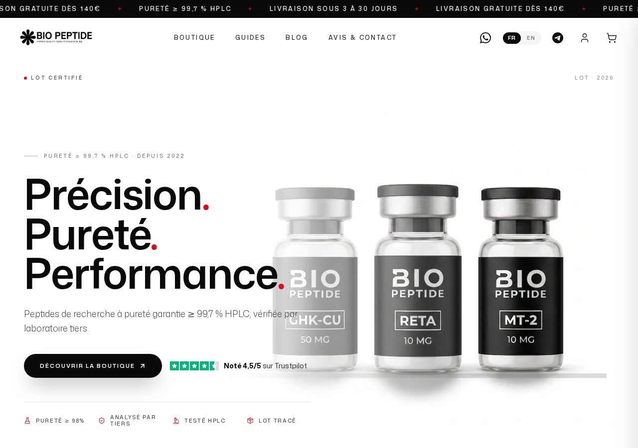 Homepage screenshot of the Biopeptide research-peptide website.