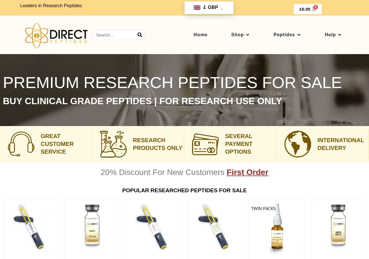 Homepage screenshot of the Direct Peptides research-peptide website.