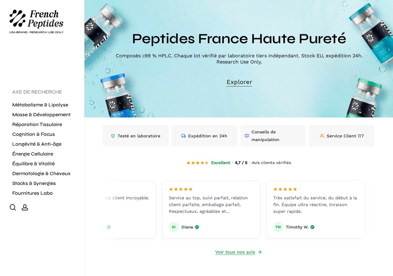Homepage screenshot of the French Peptides research-peptide website.