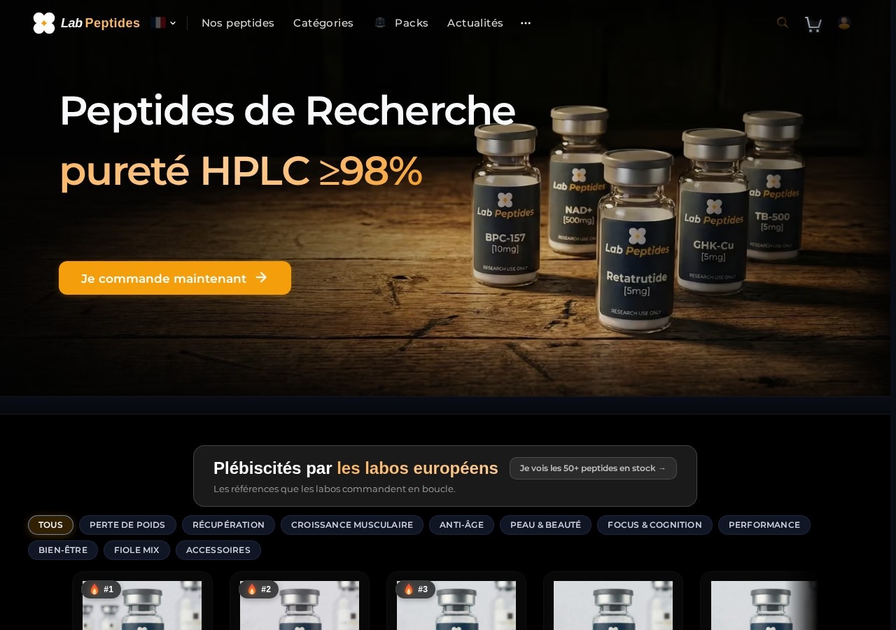 Homepage screenshot of the Lab Peptides France research-peptide website.