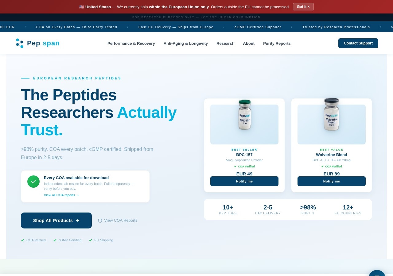 Homepage screenshot of the Pepspan research-peptide website.
