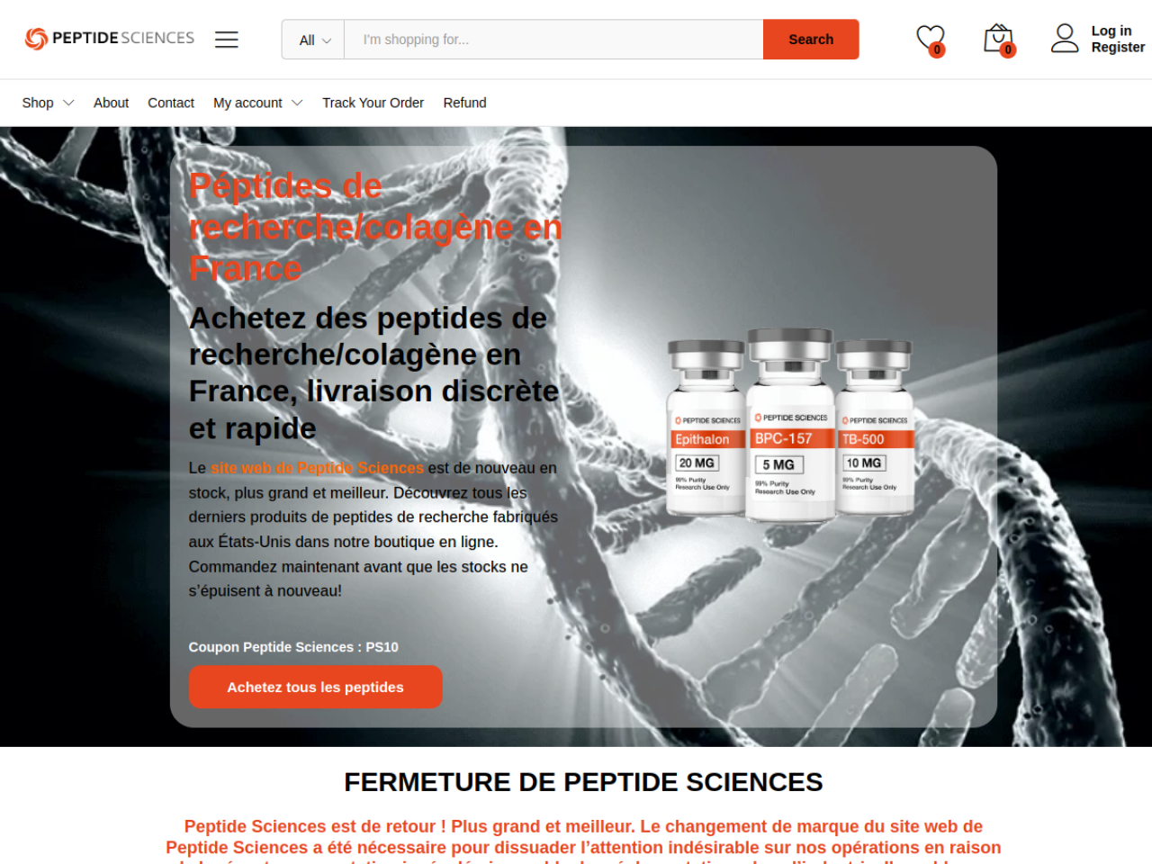 Homepage screenshot of the Peptide Sciences France research-peptide website.