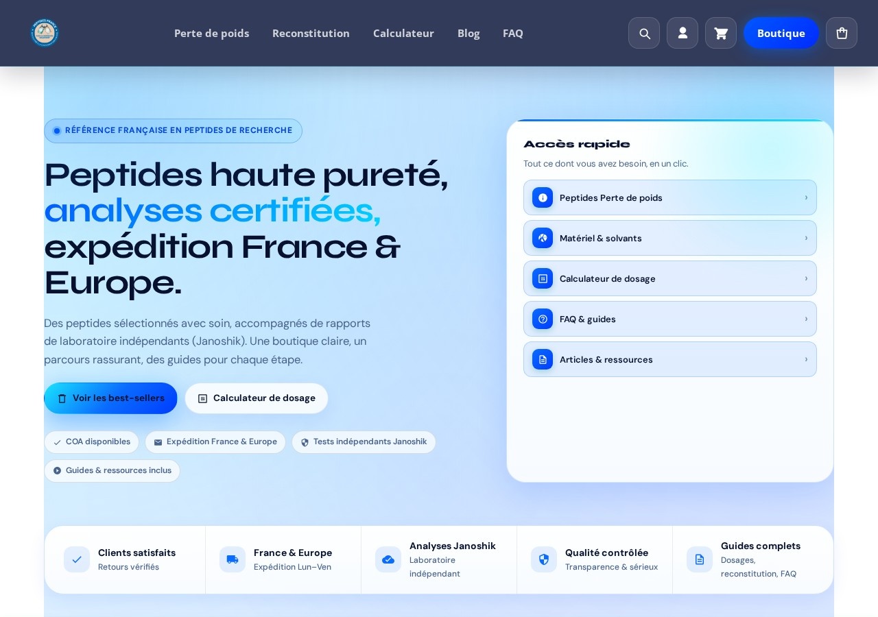 Homepage screenshot of the Peptides France research-peptide website.