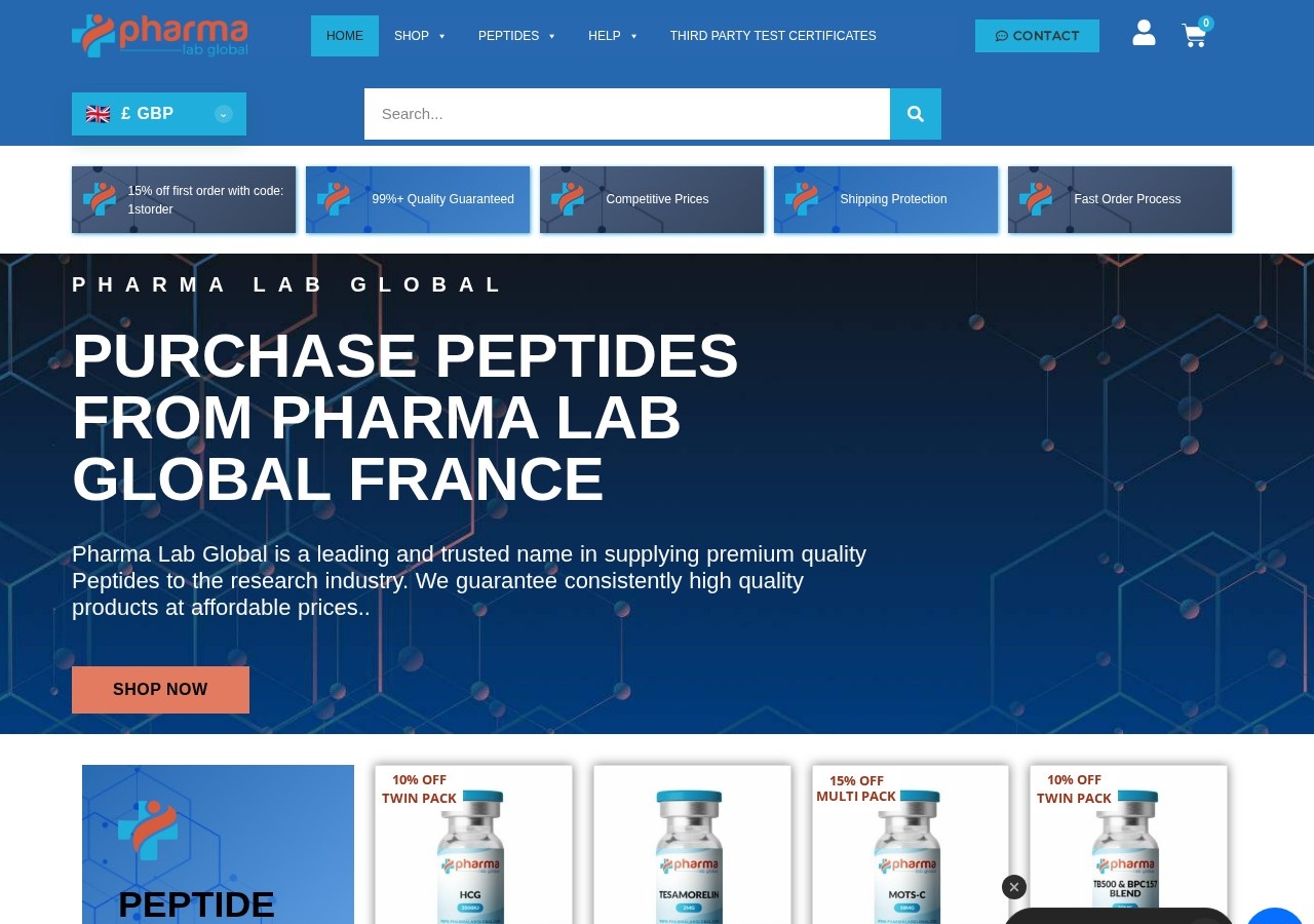 Homepage screenshot of the Pharma Lab Global France research-peptide website.