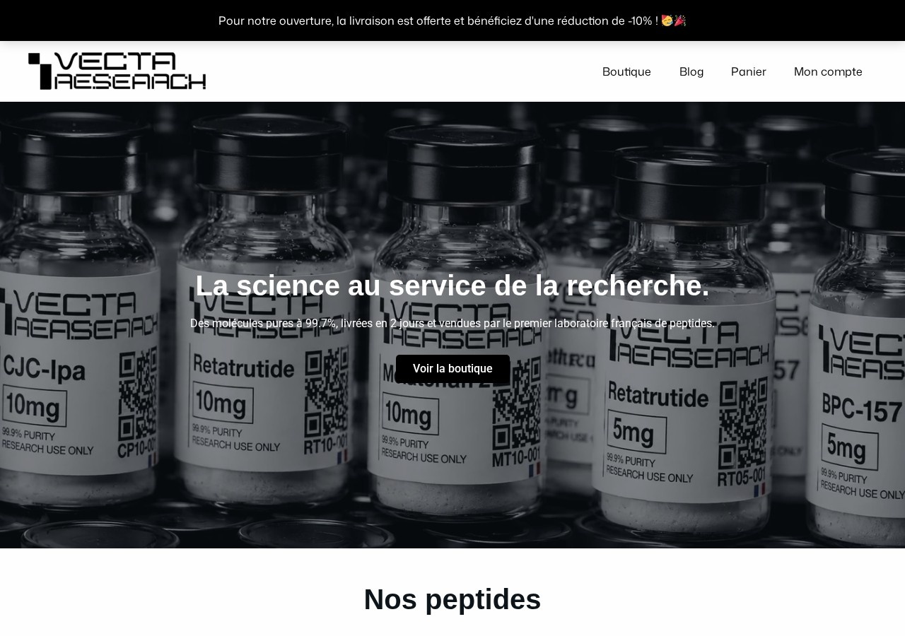 Homepage screenshot of the VectaResearch research-peptide website.